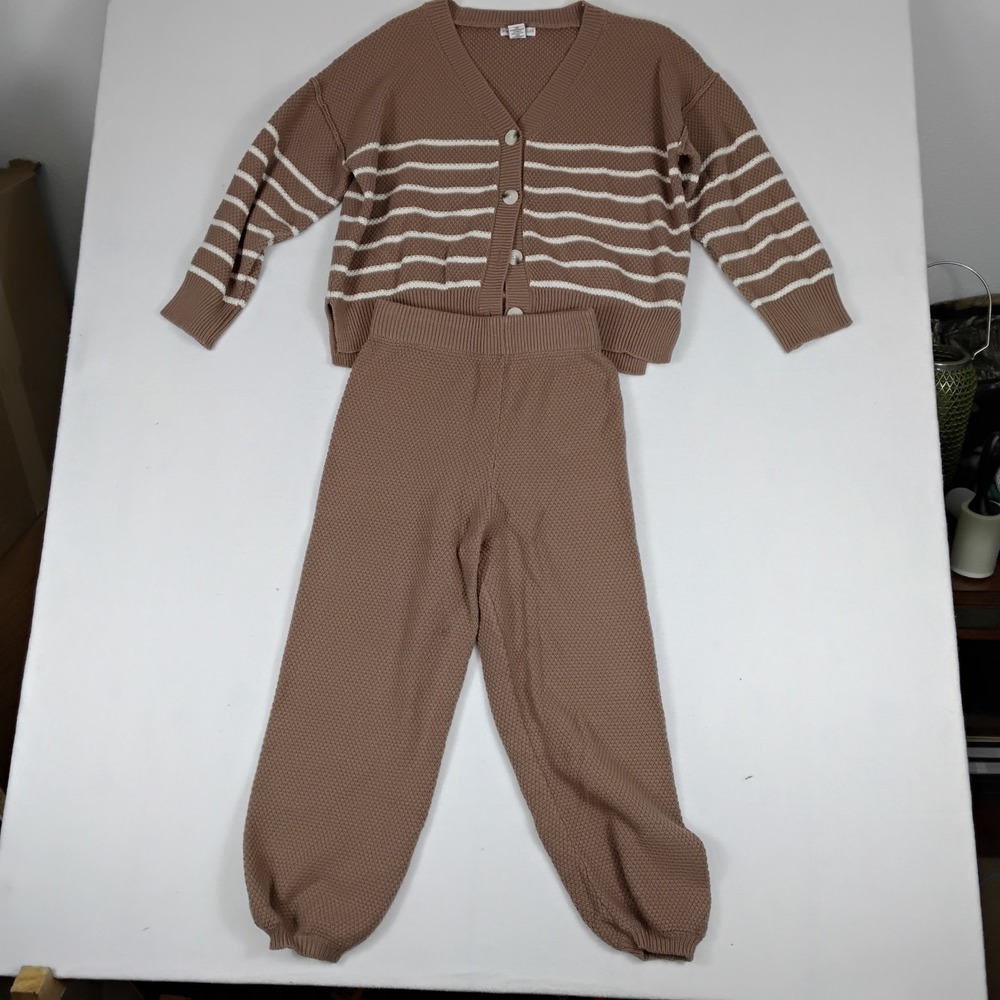 Sincerely Jules Womens Brown Striped Knit Cardigan Pants Set 2 Pc Lounge Co Ord